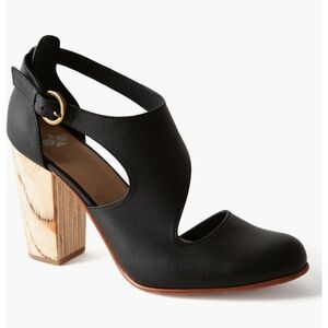 FORTRESS Black Cutout Ankle-Strap Heel with Wood Block